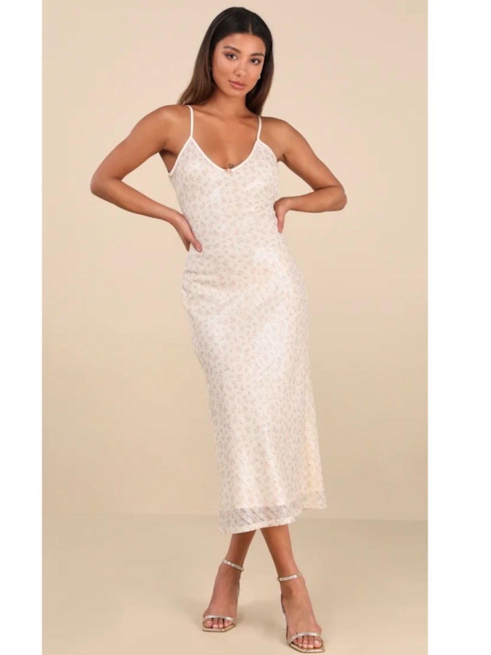 Lulus Edeline Floral Coquette Sequin Sleeveless Slip Midi Dress Cream Medium